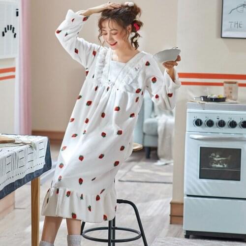 Yukata print 2020 night gown autumn and winter thickened flannel home wear plus size pijamas sexy lace kimono warm night dress