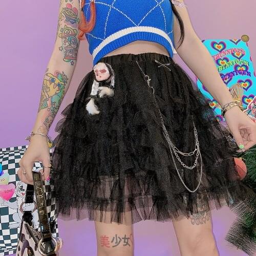 Ruibbit Rock Punk Gothic Harajuku Hot Girl Cake Dress Black Soft Girl Japanese Lolita Lace Mini Skirt Y2k