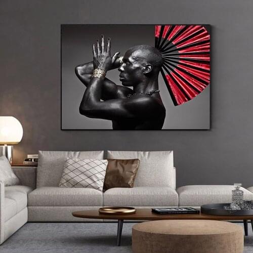 Modern Fashion Black Men With a Red Fan on His Head Canvas Painting Figure Pictures Poster for Living Room Home Decor Unstretche