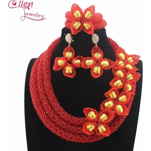 Stylish Red Luxury dubai beaded jewelry sets Nigerian wedding bridal beads necklace African accessories beads jewelry sets 13816