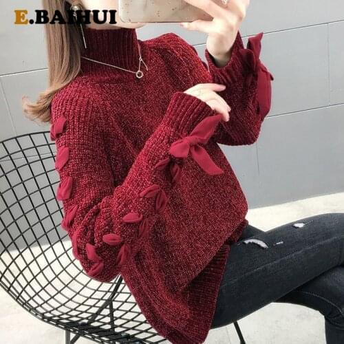 EBAIHUI Warm Chenille Knit Pullovers Womens Sweaters Sleeve Bandage Girls Knitwear Autumn Winter Bow Turtle Neck Sweater