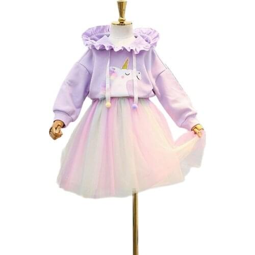 Spring Autumn Girls Skirt Suit 2021 New Fashion Cartoon Unicorn Hooded Long Sleeve +Lace Skirt 3-8y for Girl Princess Dress Set