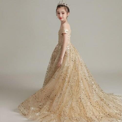 High-End Beading Sequined Shoulderless Boat Neck Tulle Pearls Embroidery Ball Gown Kids Party Flower Girl Princess Dress L1153