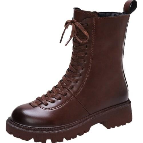 British Style Womens Fashion Martin Boots Thick Heels Pu Leather Mid-Calf Winter Warm Botas Shoes Motorcycle Botines Mujer