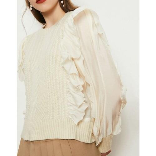 Women Sweater Ruffles Mesh Patchwork Fashion Sweet Long Sleeve Solid Retro Stretchy Female Knitted Clothes Tops Sweaters