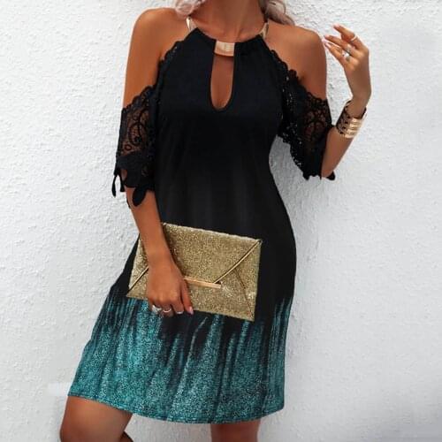Dresses For Women 2021 Women Sexy Print Lace Sleeve Halter Neck Strapless Dress Mini Dress Vestido De Mujer Robe Longue A40