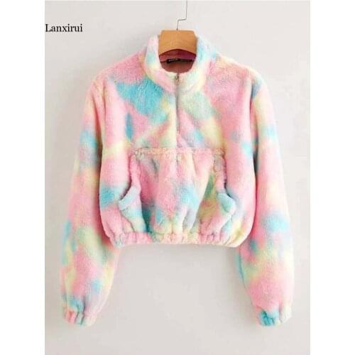 Winter Stand Collar Hairy Shaggy Faux Fur Leopard Hoodies Vintage Long sleeve Furry Pink Fur Women Sweatshirt Outerwear