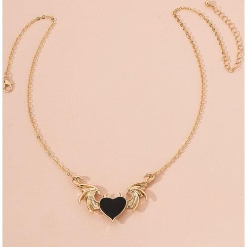 2021 Ins Gold Chain Black Enamel Heart Angel Wings Minimalism Pendant Choker Necklaces Trendy Korean Fashion Chic Party Jewelry