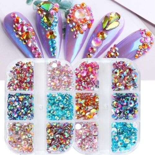 6Grids/Box Flat Back Nail Art Rhinestone Non-Drop Easily Stick Clear Colorful Flat Bottom DIY Nail Art 3D Decoration for Manicur