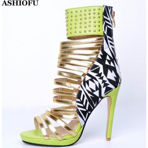 ASHIOFU Handmade New Arrival Womens High Heel Sandals Patchwork Leather Sexy Ankle Wrap Summer Shoes Evening Fashion Sandals