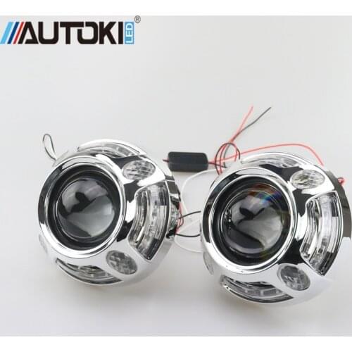 Autoki 2.5'' H1 Car Bi xenon Headlight Projector Lens with LED Shrouds Angel Eyes DRL Retrofit DIY