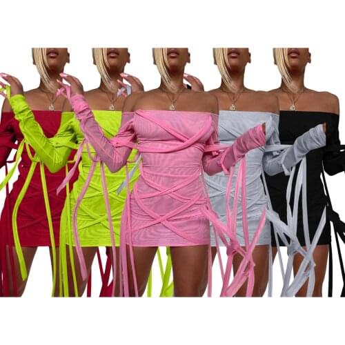HAOOHU Bandage Mesh Bodycon Mini Dress for Women Summer Clothes One Piece Sexy Off Shoulder Transparent Club Outfits