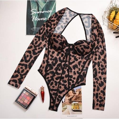 Moda Mujer 2020 Sexy Autumn Leopard Print Push Up Bodysuits Long Sleeve Womens Elegant Body Top Party Clubwear Female Overalls