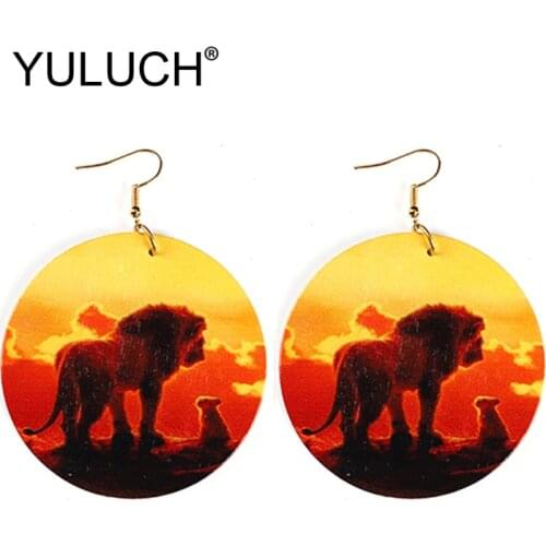 YULUCH African Lion Pattern Big Hanging Earrings Fashion Jewelry For Women Round Wood Printed Printing Animal Long Drop Earrings