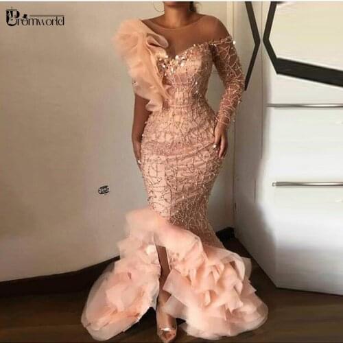 Elegant Sparkle Beaded Mermaid Evening Dresses 2021 Ruffles One Shoulder Sequined Long Sleeve Evening Gowns Sexy Formal Dresses