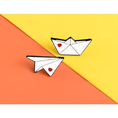 Paper boat plane enamel pins Love Heart Sequin badges brooches for hat bag jackets Lapel pin Couple Jewelry gift accessories