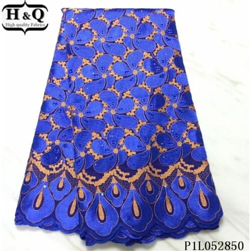 H&Q blue embroidery swiss voile lace fabric with rhinestones and stones 100% cotton nigerian lace fabric 5 yard for sewing dress
