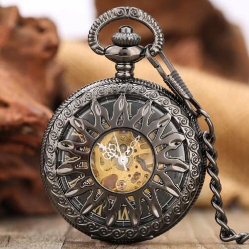 Classic Black Hollow Solar Corona Mechanical Pocket Watch Roman Numeral Dial Clock Hand Winding Pocket Watch With FOB Chain Gift
