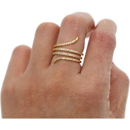 Gold color plated thin ring for women girls wedding party elegant dainty stack cz paved snake shape midi finger simple cute ring
