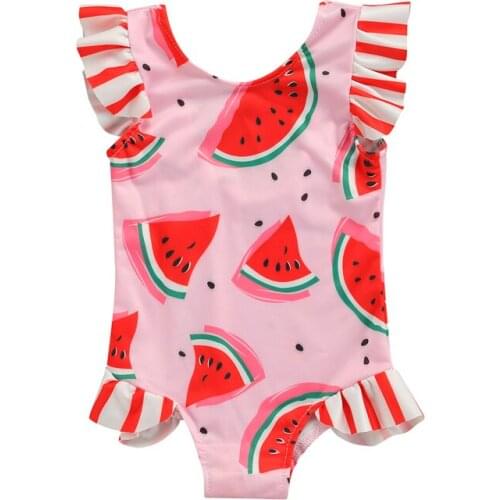 Infant Baby Girls Kids Swimwear Summer Cute Daisy/Watermelon Print Swimsuit Toddlers Fly Sleeve Ruffles Bathing Suit for 0-3Y