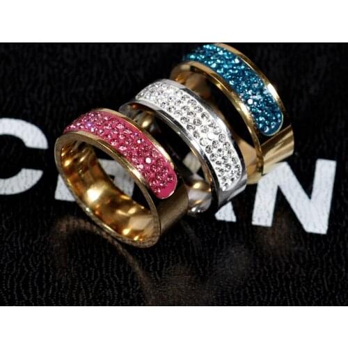 MANGOSKY 8mm Half Circle Three Row Crystal 316L Stainless Steel finger Rings for women men wholesale