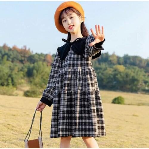 2-13Years Girls Long Sleeve Plaid Dress 2021 New Spring Toddler Baby Girl Clothes Kids Big Bow Princess Dress Vestidos Children