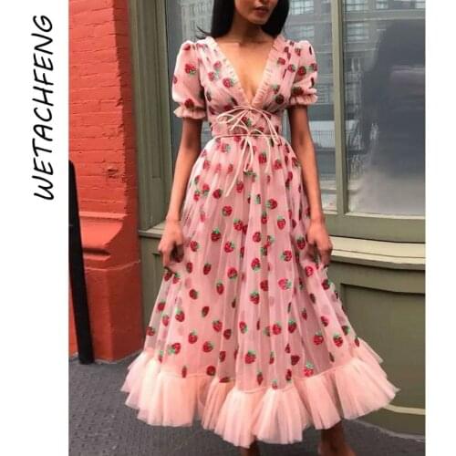 Sexy Strawberry Dress Women Summer V Neck Mesh Short Sleeve Big Swing Maxi Ladies Dresses Party Boho Vintage 2021 Female Clothes