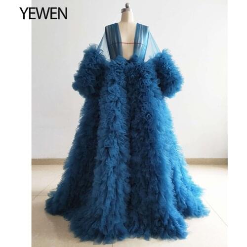 Peacock Blue Ruffle Tulle Evening Dress Open Front Photo Shoot Dress Maternity Robe for Photo Shoot Custom Color YEWEN