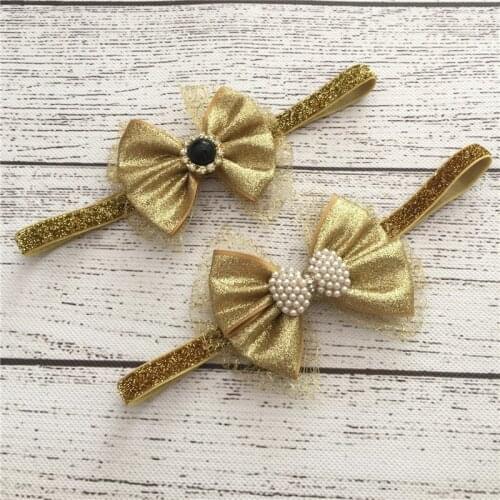 Baby Girls Gold Bow Headbands with Pearl Bowknot Kids Cute High-grade Elastic Glitter Princess Rhinestone Hairbands KHA385