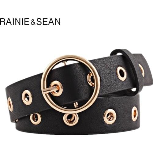 RAINIE SEAN Women Belt Round Buckle Fashion Leather Belt for Women Black Pink White Blue Red Ladies Accessories Belts