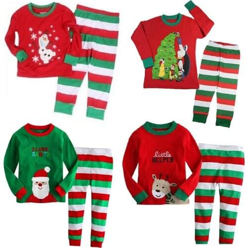 Hooyi Boys Christmas Pajamas 100% Cotton Children Red Santa T-Shirt Green Red White Striped Trouser Girls Sleepwear Tree Clothes