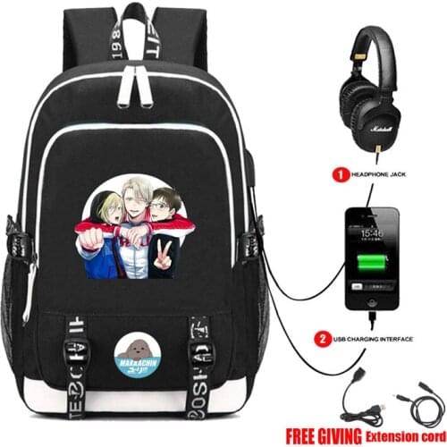 Yuri on Ice Victory Book bag Rucksack Student School Bag For Boys Girls Travel Backpack USB Port Mochila Black Backpack