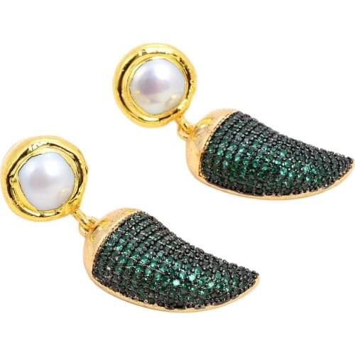 JK White Pearl Yellow Gold Plated Teardrop pepper chili Green CZ Crystal Cz Pave Earrings