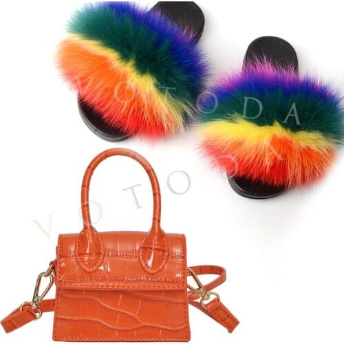 Children Fur Slippers Kids Fur Slides Bag Set Toddlar Real Fur Sandals Wallet Set Baby Rainbow Fur Flip Flops Girls Indoor Shoes