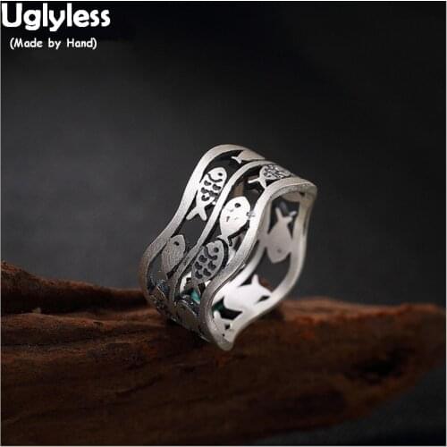 Uglyless Real 990 Fine Silver Women Dress Jewelry Vintage Ethnic Hollow Wide Finger Ring Cute Totem Fishes Rings Handmade Bijoux