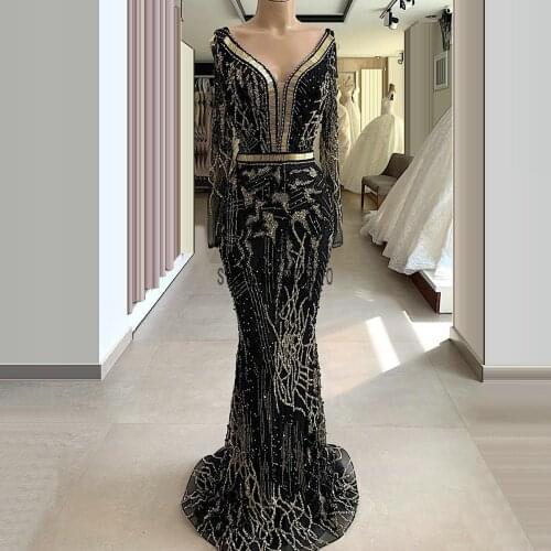 Vintage Arabic Black Long Sleeve Evening Dresses Sexy V Neck Glitter Mermaid Evening Gowns Long Formal Women Dress