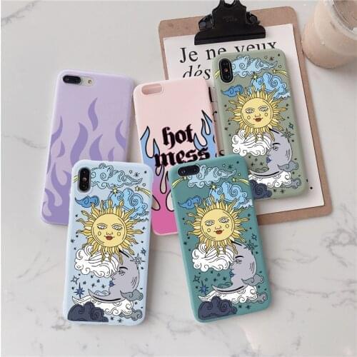 Funny Sun Moon Face Phone Case For iphone 11 12 Xs Pro Max X 7 8 6s 6 Plus 12 mini 5S SE SE 2020 5 Flame Pattern Cover Shell