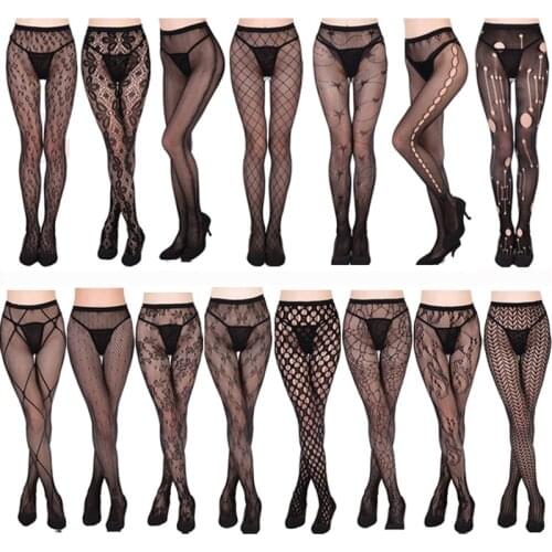 Womens Sexy Black Fishnet Tights Jacquard Weave Pantyhose Lady Thigh High Stocking Pattern Lingerie Collant Hosiery For Women