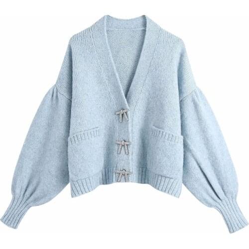 Women New Sweet Exquisite Bowknot Decoration Sweater Female Single-Breasted Puff Sleeve Cardigan Chic Top