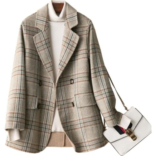 2020 New High quality Double-faced Cashmere Coat Women Autumn Winter Plaid Blazer Double breasted Wool Suit Small Jackets KW40