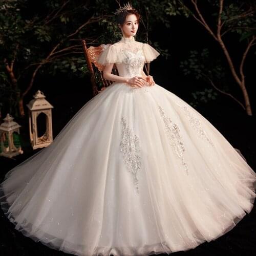 High Neck Short Sleeves Ivory Elegant Princess Wedding Dress 2021 Marriage Dress Robe De Mariee New Vestidos De Novia Sereia