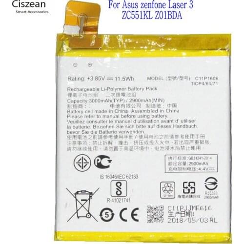 10pcs /lot 3000mAh C11P1606 Replacement Battery For Asus zenfone Laser 3 ZC551KL Z01BDA / BDC