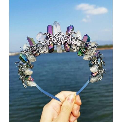 Witchcraft accessories raw crystal two-color stitching wicca ancient silver branches moon witch crown