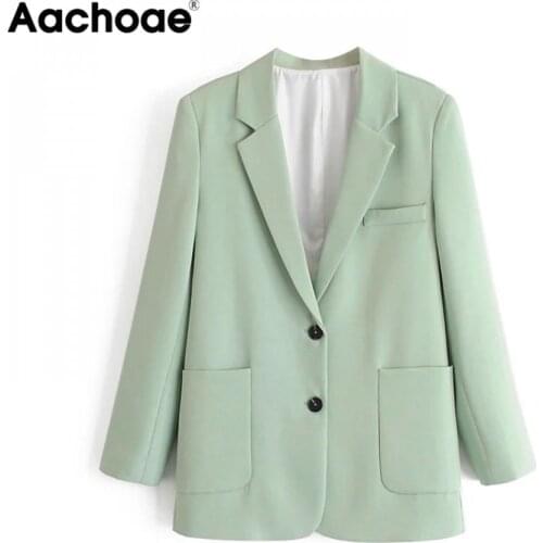 Aachoae Green Color Casual Blazer Women Big Pockets Long Sleeve Jacket Female Notched Collar Office Wear Blazer Ropa De Mujer