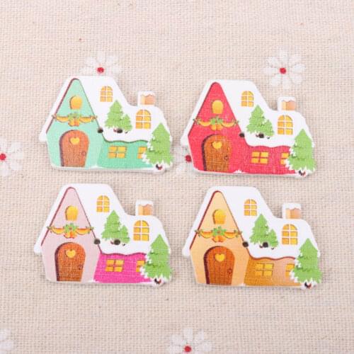 Wooden Christmas House Pattern Buttons 2 Holes Scrapbook Collection Handmade Sewing Home Decoration DIY 25x34mm 10pcs T1622-FD