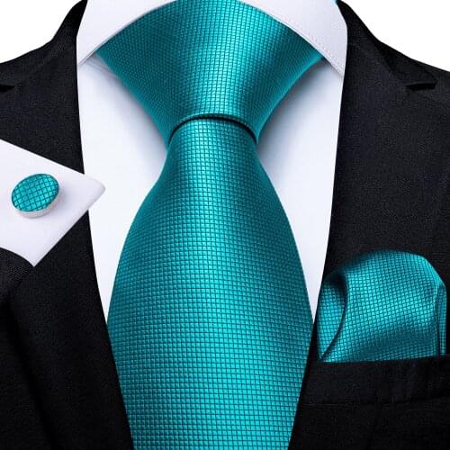 DiBanGu Mens Necktie Teal Blue Solid Designer Silk Wedding Tie For Men Necktie Ring Hanky Cufflinks Tie Set Business Party