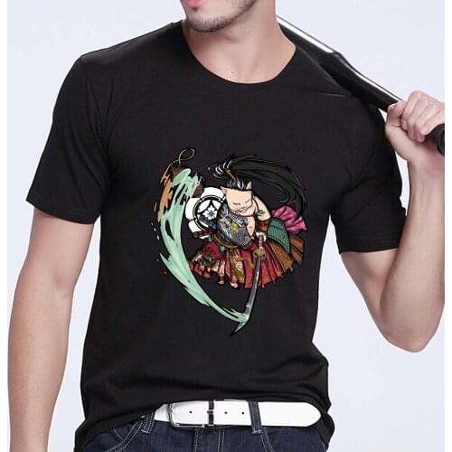 T-shirt Mens Classic Black Fashion Street Anime Samurai Print Series Casual Simple O-neck Youth Commuter Wear Comfortable Top