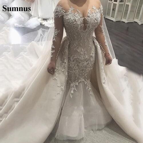 Sumnus Elegant Mermaid Wedding Dresses With Overskirt Sexy Backless Lace African Aribic Bridal Gowns robe de soiree