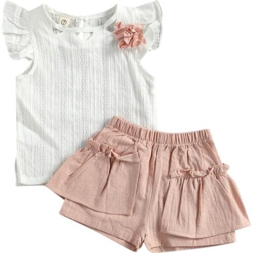 2021 Summer Little Girls Solid Color Suit Short Flying Sleeve Tops and Double-layered Lace Short Pans 2-piece Outfit Hot Sale