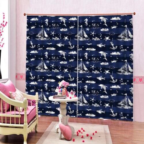 Cartoon Dolphin sailboat With Anchor Window Curtains For Childrens room Blackout Decor Custom any size（left and right side)